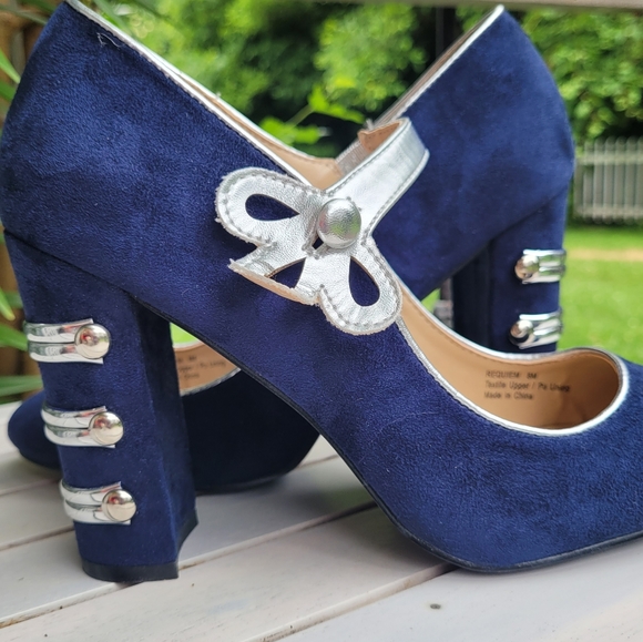 Penny Loves Kenny Requium Size 8 Navy/Silver Block Heel Almond Toe Retro Feel - Picture 2 of 10